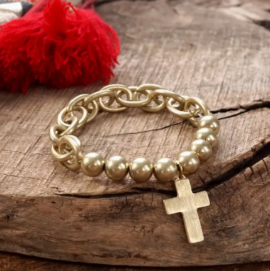 Gold Bead Cross Bracelet