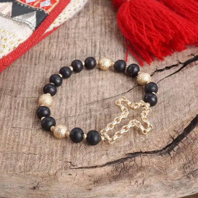 Black Beaded Cross Bracelet