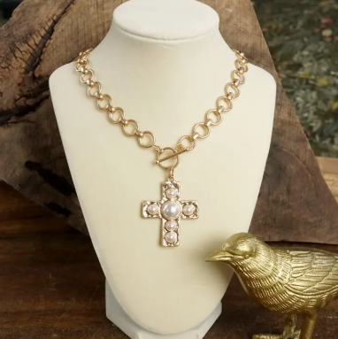Primitive Chunky Pearl Cross Necklace
